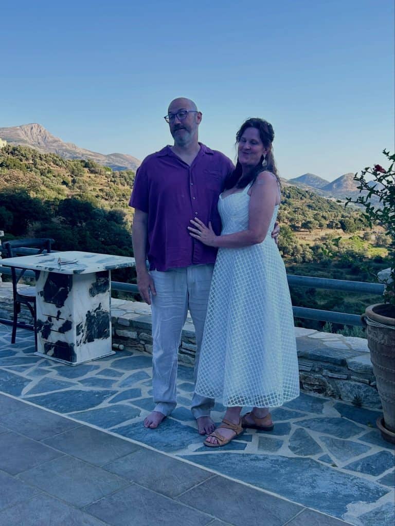 Couple renewing their vows at ELaiolithos in Naxos with Mount Zas and sunset views