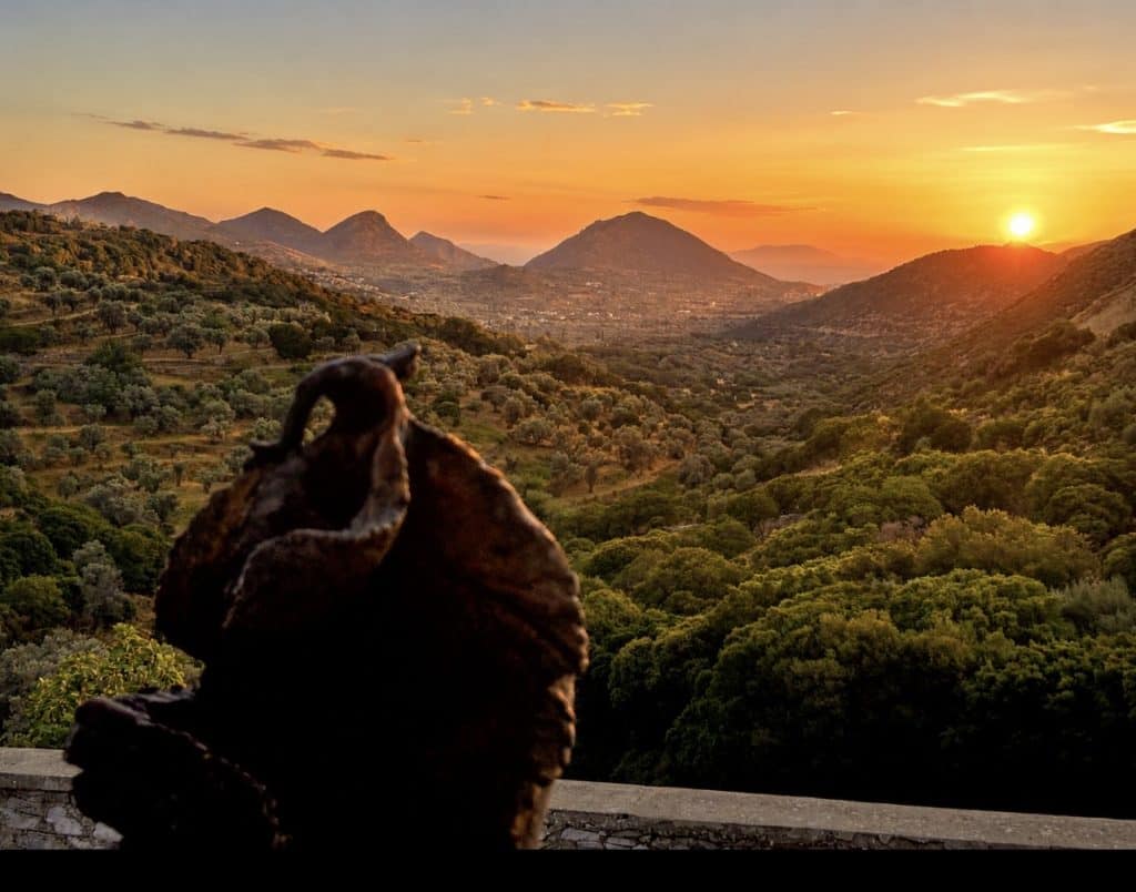 Sunset over the Drymalia Valley and mountains of Naxos, viewed from ELaiolithos